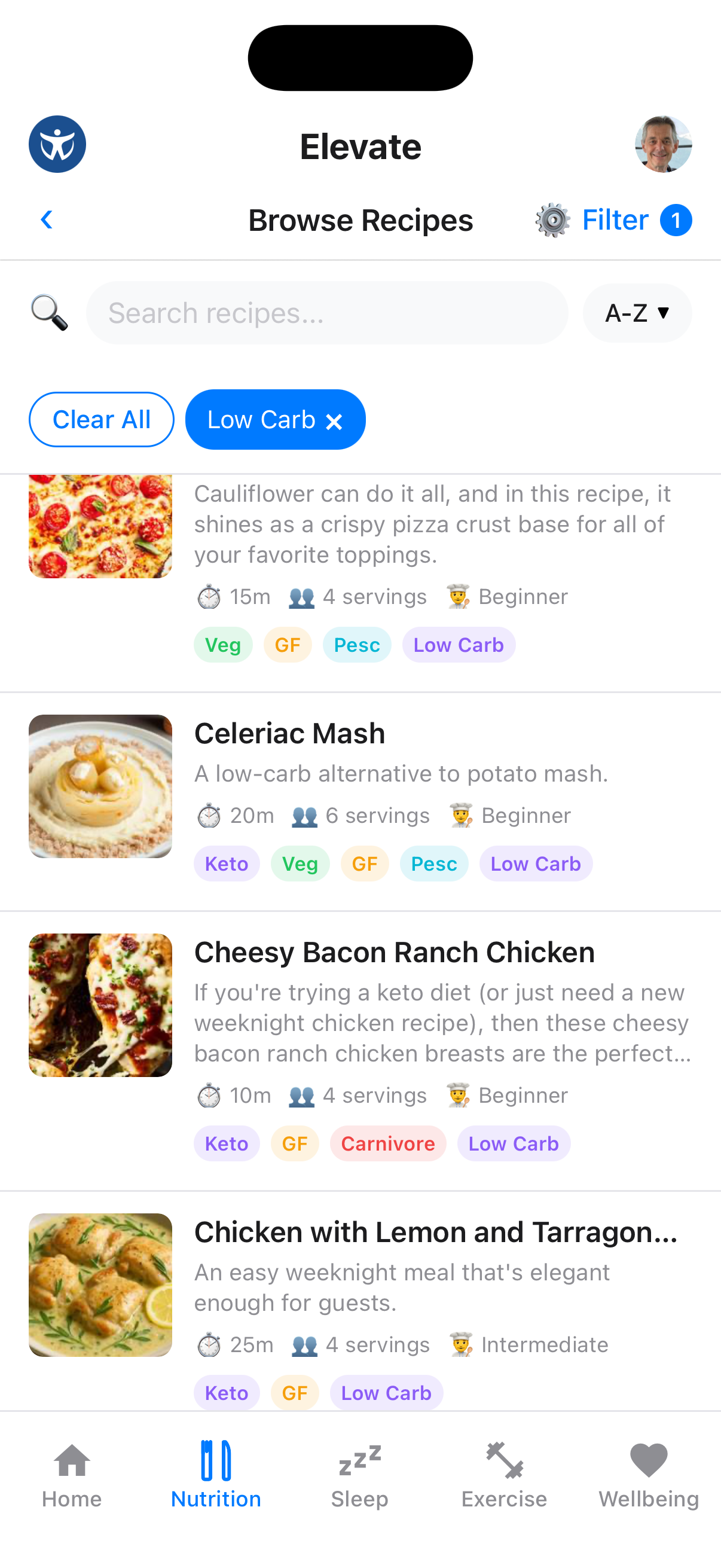 Elevate recipes page showing personalised meal plans